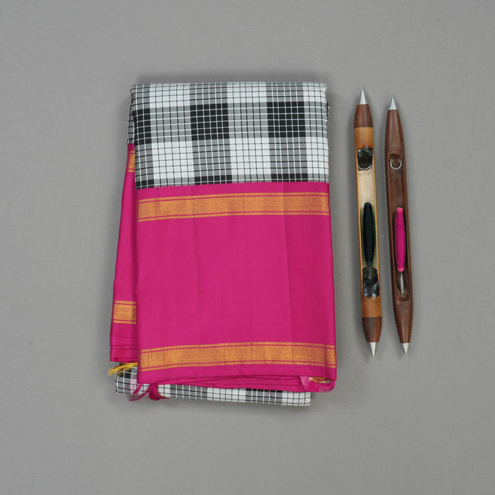 Hayagrivas Handloom Black & White Checks Kanjivaram Silk Saree with Magenta Border KBE1378J3-1
