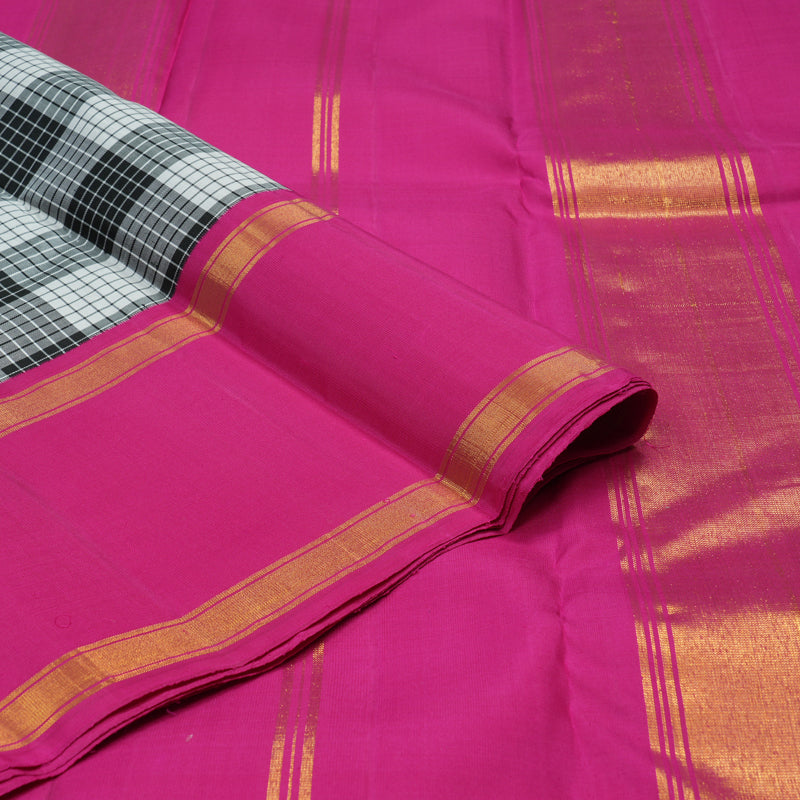 Hayagrivas Handloom Black & White Checks Kanjivaram Silk Saree with Magenta Border KBE1378J3-1