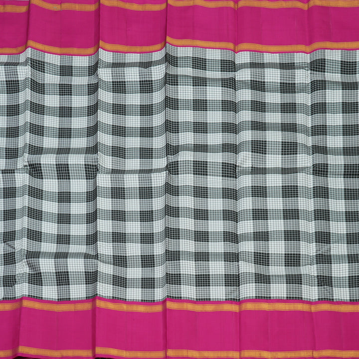 Hayagrivas Handloom Black & White Checks Kanjivaram Silk Saree with Magenta Border KBE1378J3-1