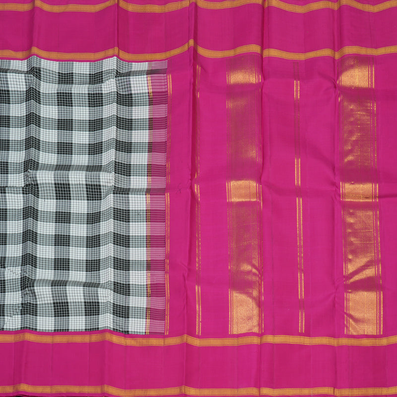 Hayagrivas Handloom Black & White Checks Kanjivaram Silk Saree with Magenta Border KBE1378J3-1