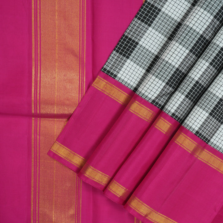 Hayagrivas Handloom Black & White Checks Kanjivaram Silk Saree with Magenta Border KBE1378J3-1
