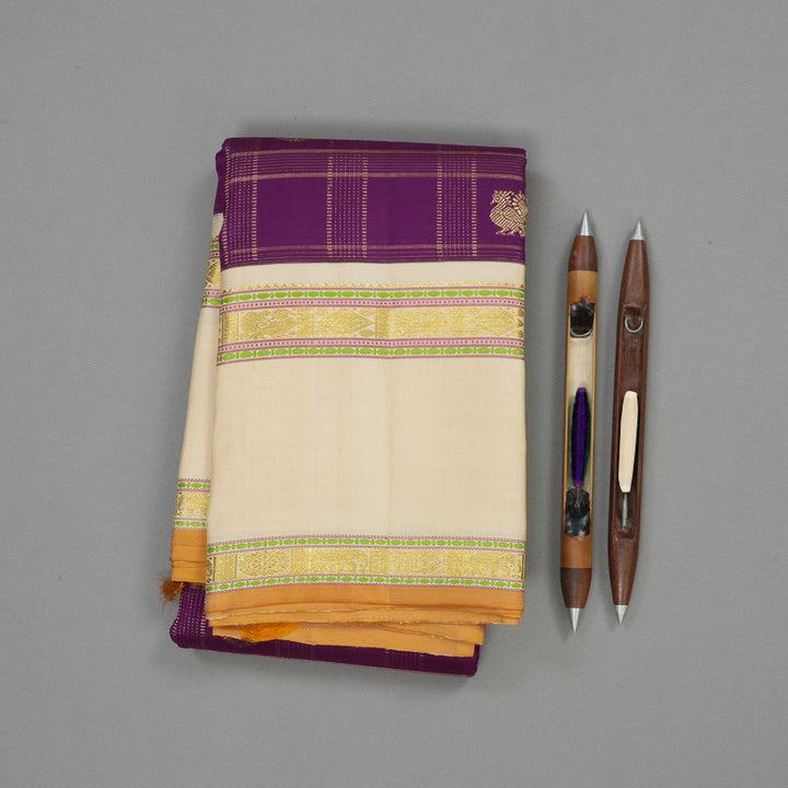 Hayagrivas Handloom Deep Violet Kanjivaram Silk Saree with Beige Border KBE1378J8-1