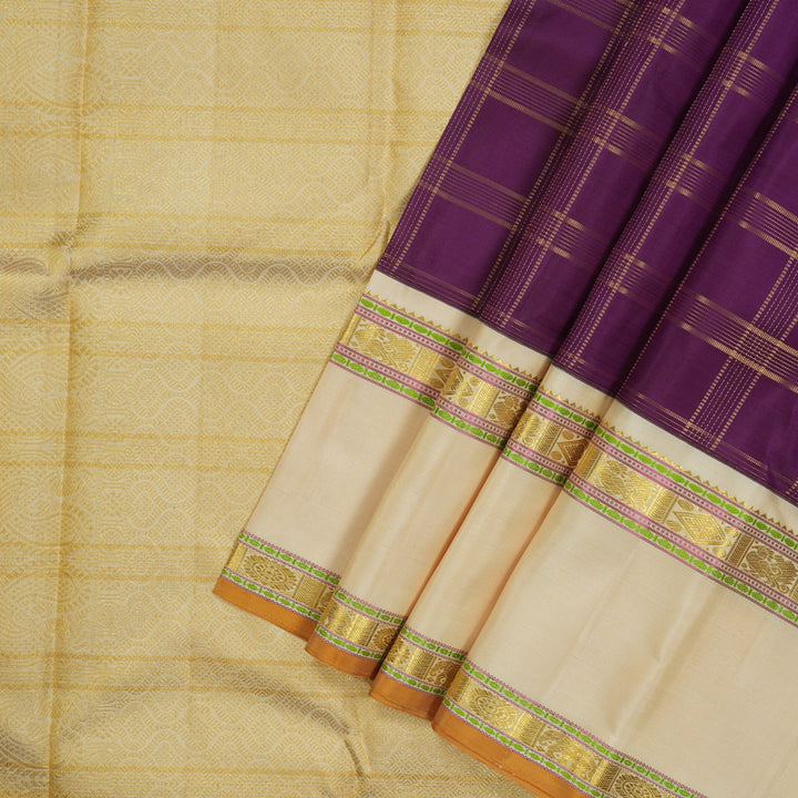Hayagrivas Handloom Deep Violet Kanjivaram Silk Saree with Beige Border KBE1378J8-1