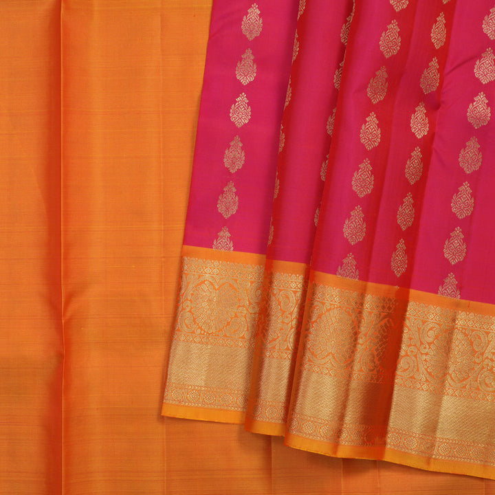 Hayagrivas Handloom Rani Pink Kanjivaram Silk Pattu Pavadai with Golden Orange Border KBE1380J3-2