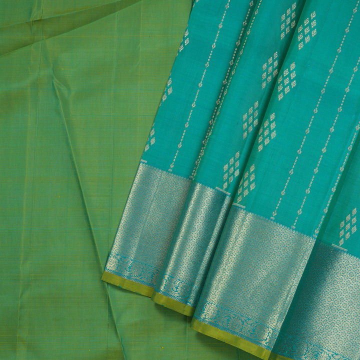 Hayagrivas Handloom Blue-Green Kanjivaram Pattu Pavadai with Leaf Green Selvedge KBE1380J3-7
