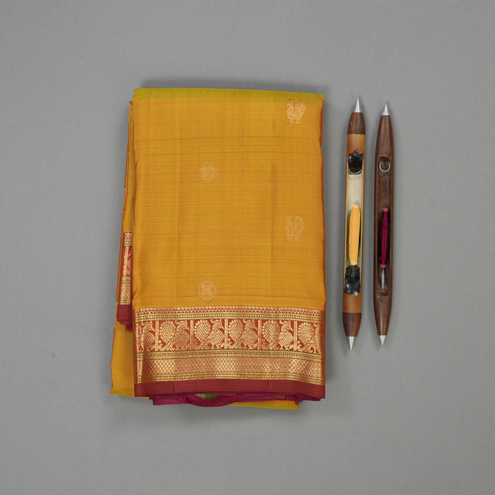 Hayagrivas Handloom Golden Yellow Kanjivaram Silk Saree with Maroon Border KBE1382J9-1