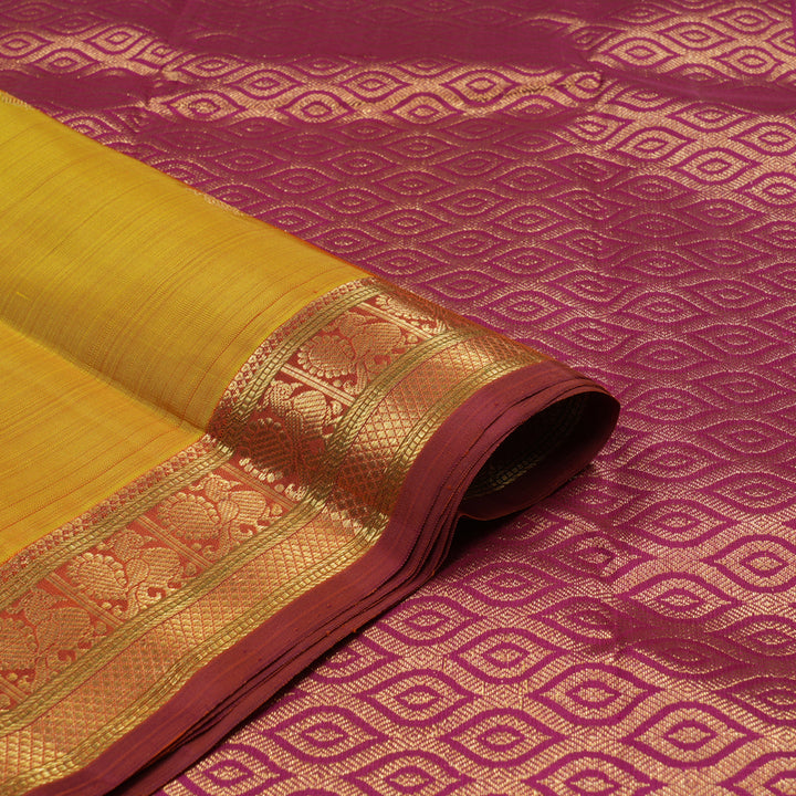 Hayagrivas Handloom Golden Yellow Kanjivaram Silk Saree with Maroon Border KBE1382J9-1