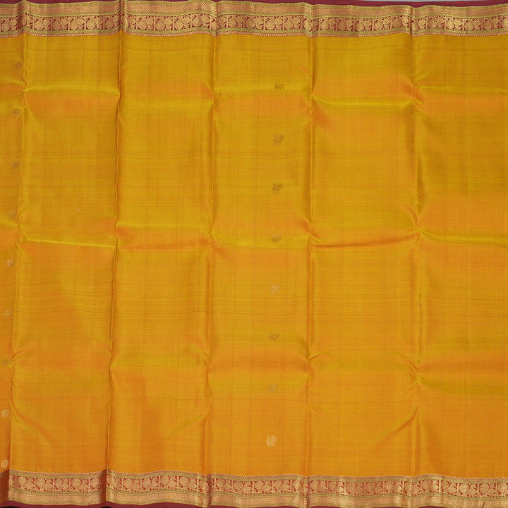 Hayagrivas Handloom Golden Yellow Kanjivaram Silk Saree with Maroon Border KBE1382J9-1