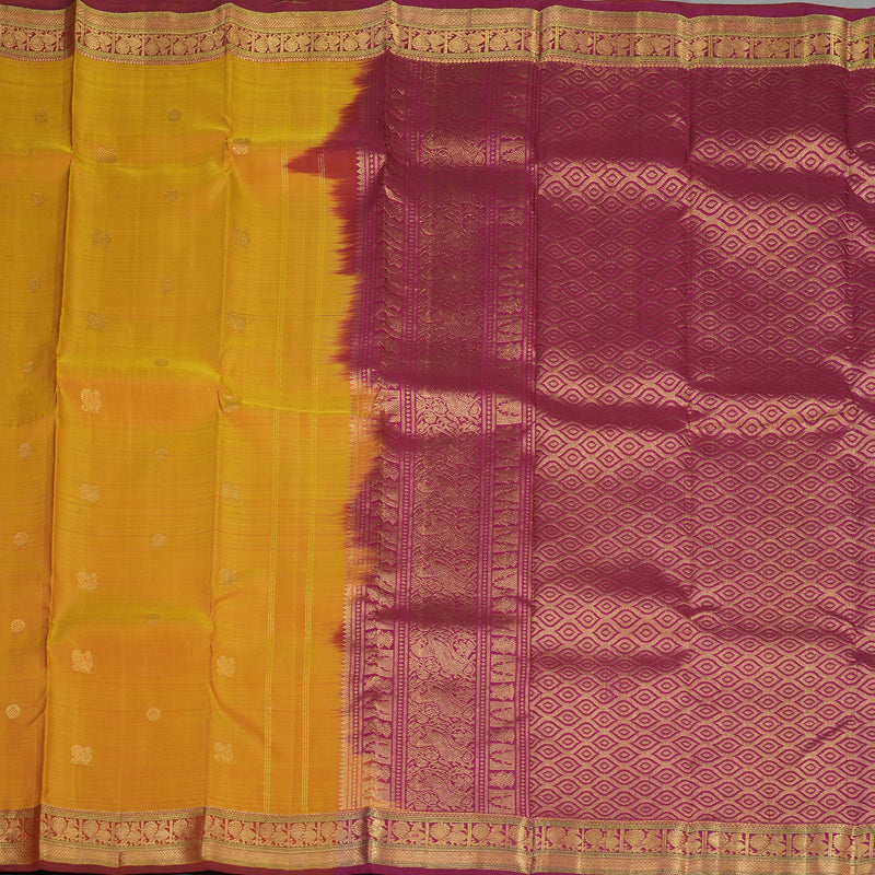 Hayagrivas Handloom Golden Yellow Kanjivaram Silk Saree with Maroon Border KBE1382J9-1