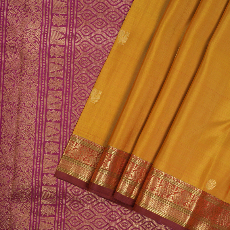Hayagrivas Handloom Golden Yellow Kanjivaram Silk Saree with Maroon Border KBE1382J9-1