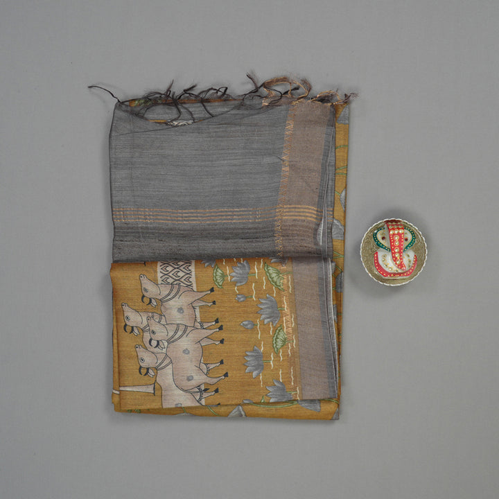 Hayagrivas Mustard Pure Tussar Saree with Grey Border KBE1383J3-12