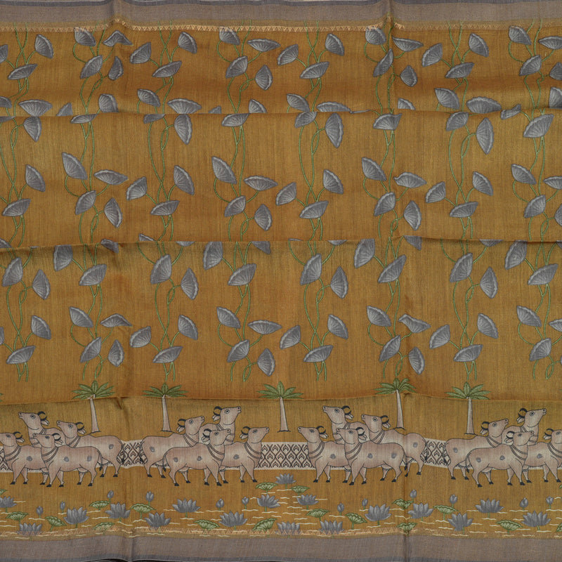 Hayagrivas Mustard Pure Tussar Saree with Grey Border KBE1383J3-12