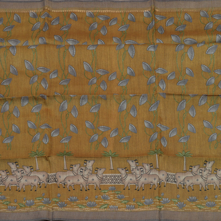 Hayagrivas Mustard Pure Tussar Saree with Grey Border KBE1383J3-12