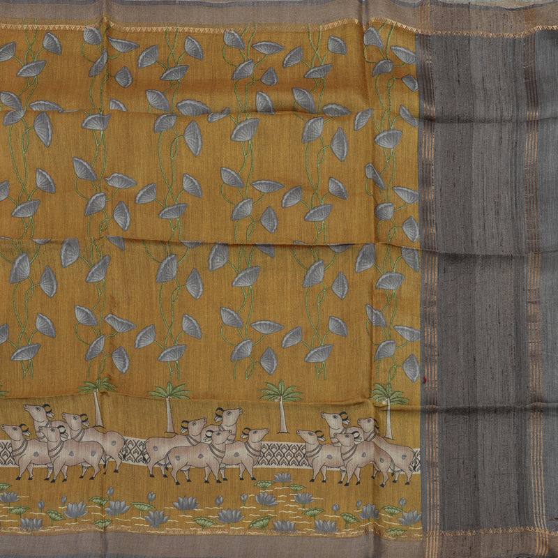 Hayagrivas Mustard Pure Tussar Saree with Grey Border KBE1383J3-12