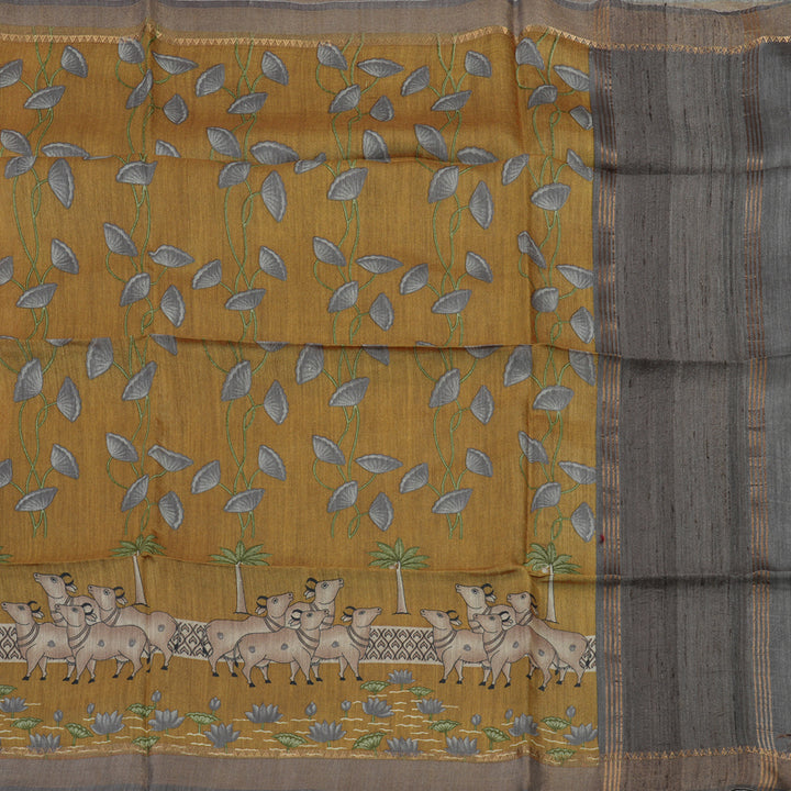 Hayagrivas Mustard Pure Tussar Saree with Grey Border KBE1383J3-12