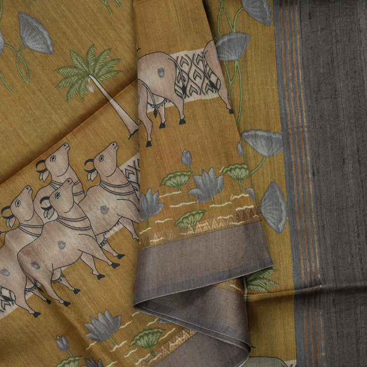 Hayagrivas Mustard Pure Tussar Saree with Grey Border KBE1383J3-12