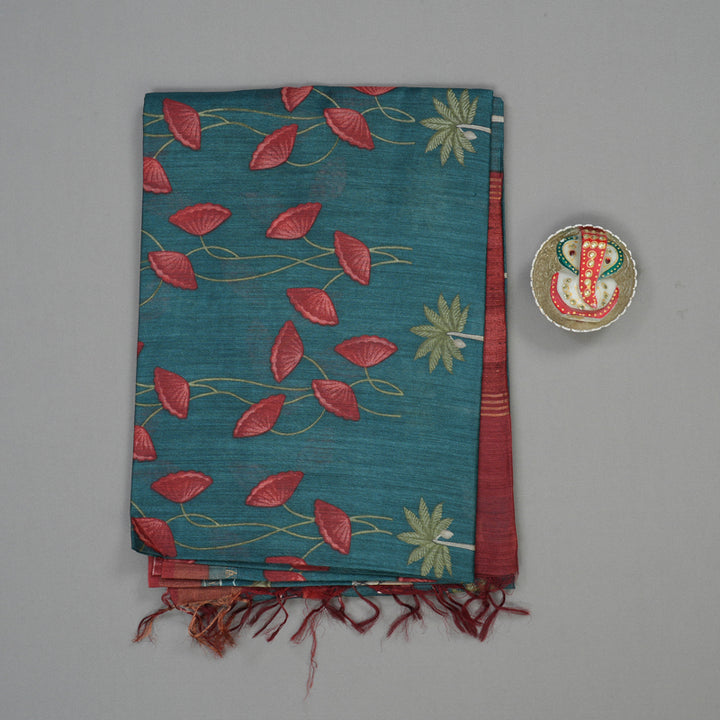 Hayagrivas Peacock Green Pure Tussar Saree with Maroon Border KBE1383J3-13