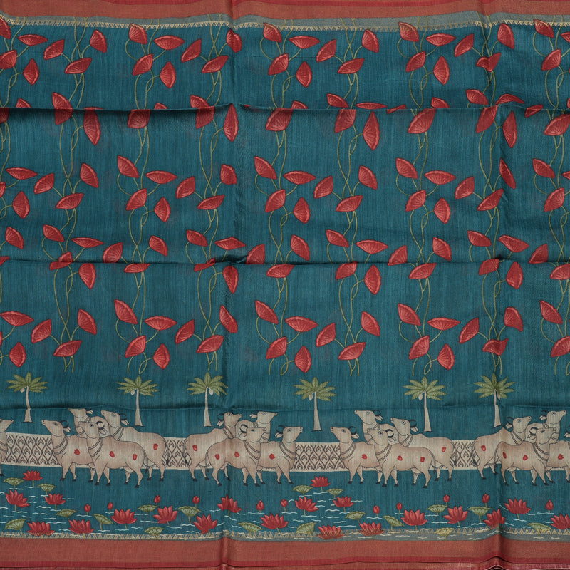 Hayagrivas Peacock Green Pure Tussar Saree with Maroon Border KBE1383J3-13