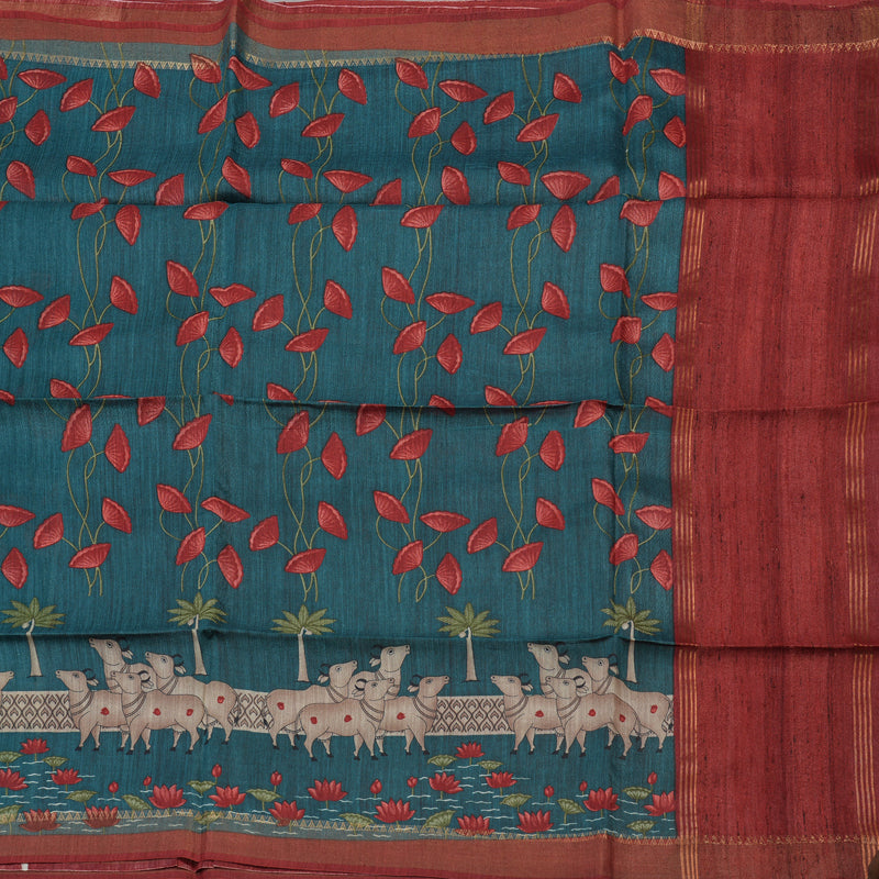 Hayagrivas Peacock Green Pure Tussar Saree with Maroon Border KBE1383J3-13