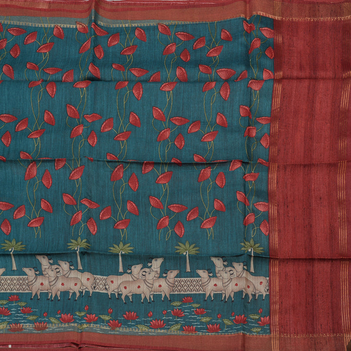 Hayagrivas Peacock Green Pure Tussar Saree with Maroon Border KBE1383J3-13