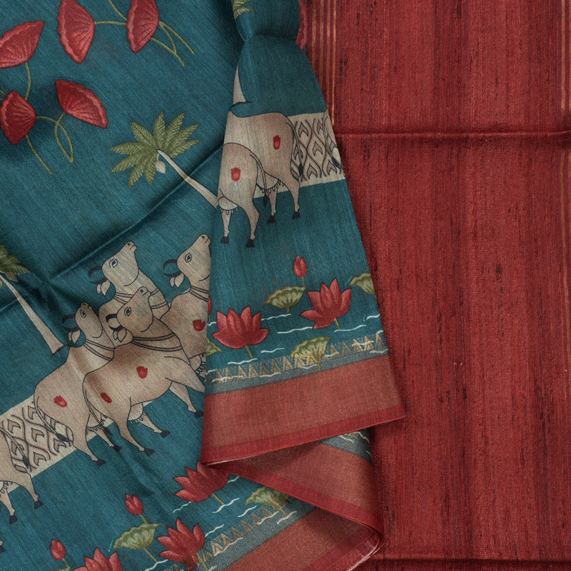 Hayagrivas Peacock Green Pure Tussar Saree with Maroon Border KBE1383J3-13