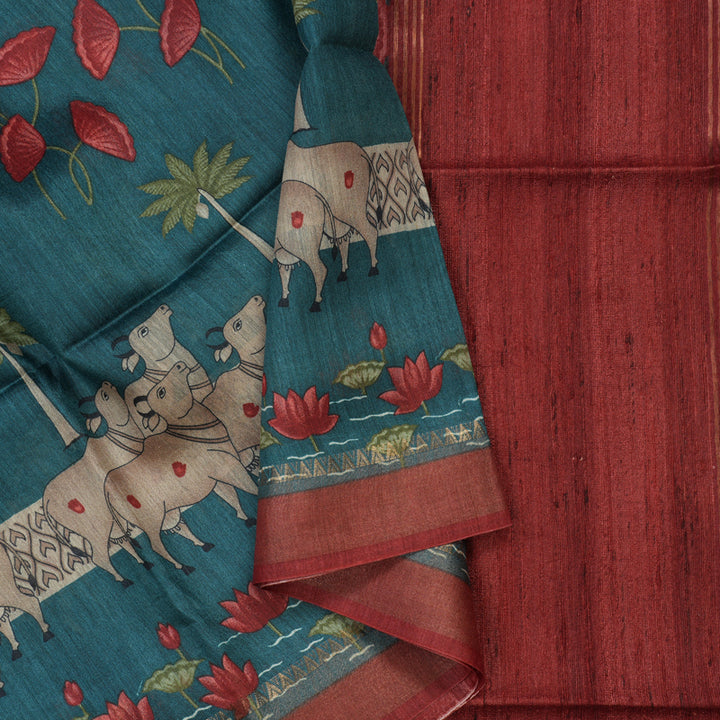 Hayagrivas Peacock Green Pure Tussar Saree with Maroon Border KBE1383J3-13