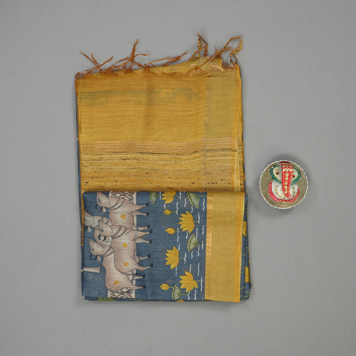 Hayagrivas Dark Grey Pure Tussar Saree with Mustard Border KBE1383J3-14