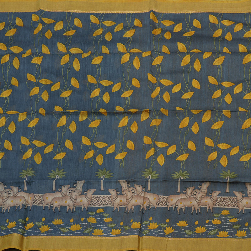 Hayagrivas Dark Grey Pure Tussar Saree with Mustard Border KBE1383J3-14