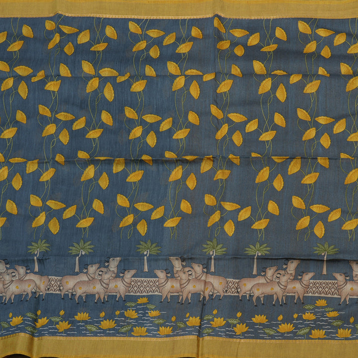 Hayagrivas Dark Grey Pure Tussar Saree with Mustard Border KBE1383J3-14