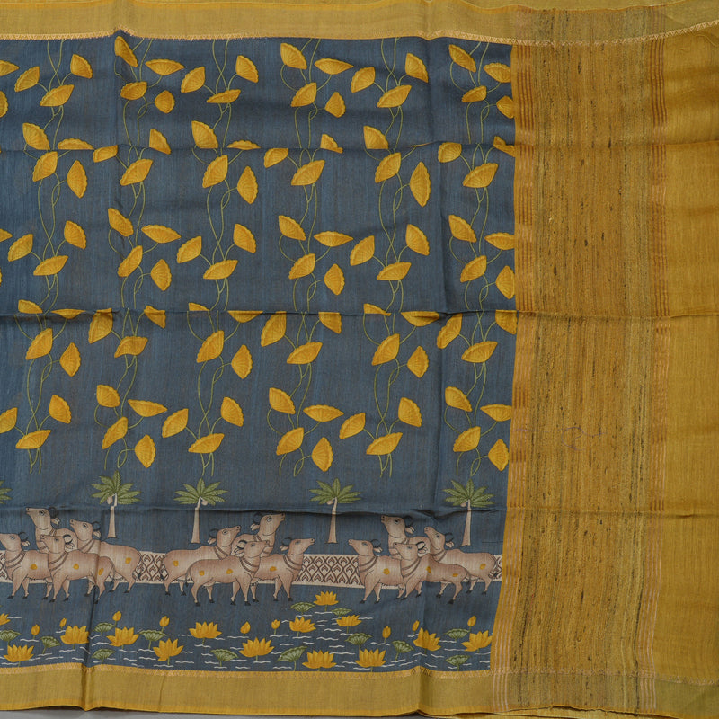 Hayagrivas Dark Grey Pure Tussar Saree with Mustard Border KBE1383J3-14