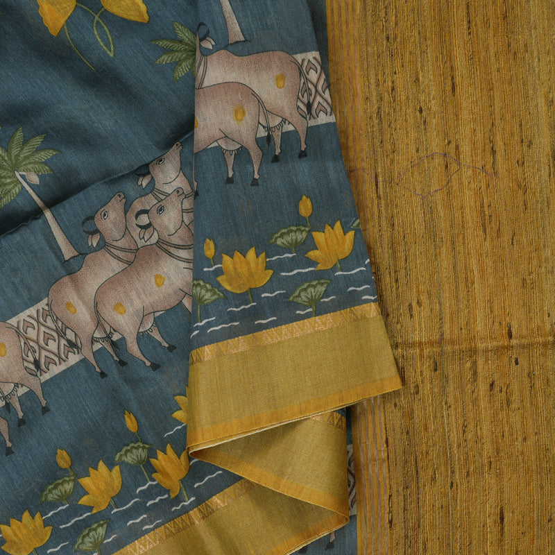 Hayagrivas Dark Grey Pure Tussar Saree with Mustard Border KBE1383J3-14