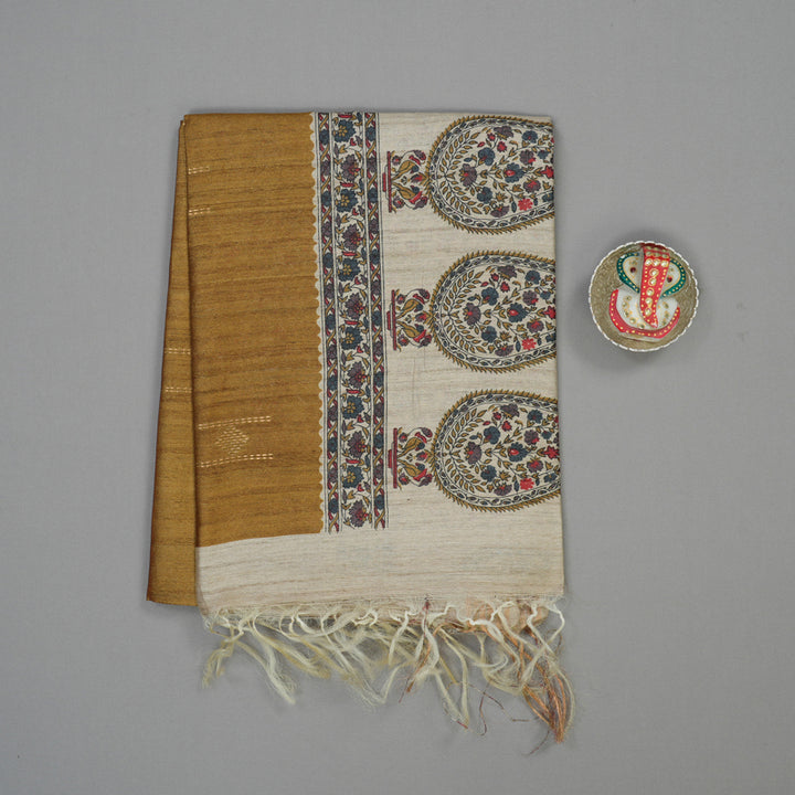Hayagrivas Beige Pure Tussar Saree with Khaki Brown Border KBE1383J4-13