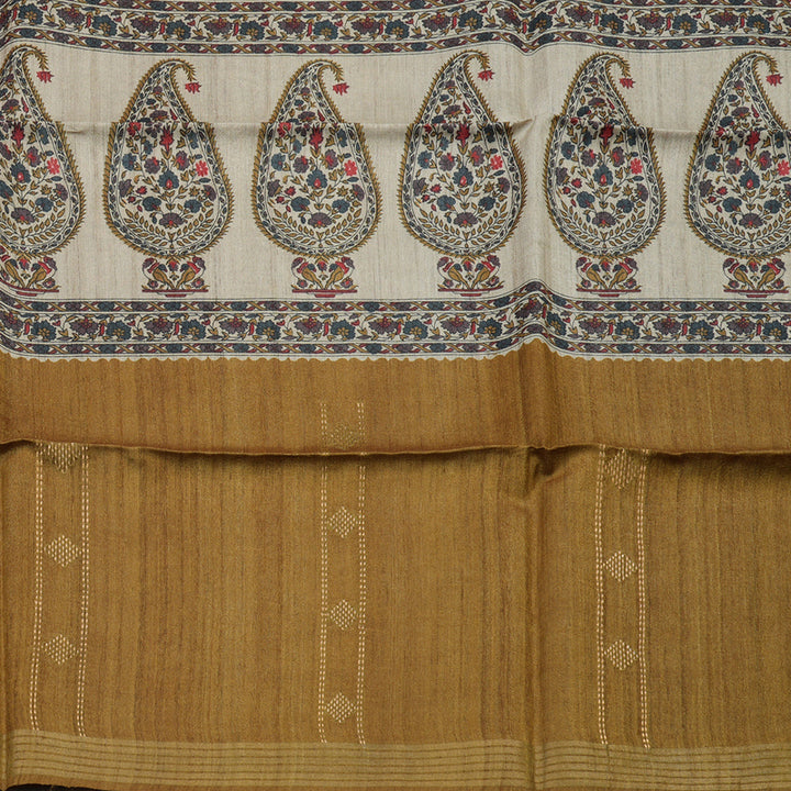 Hayagrivas Beige Pure Tussar Saree with Khaki Brown Border KBE1383J4-13