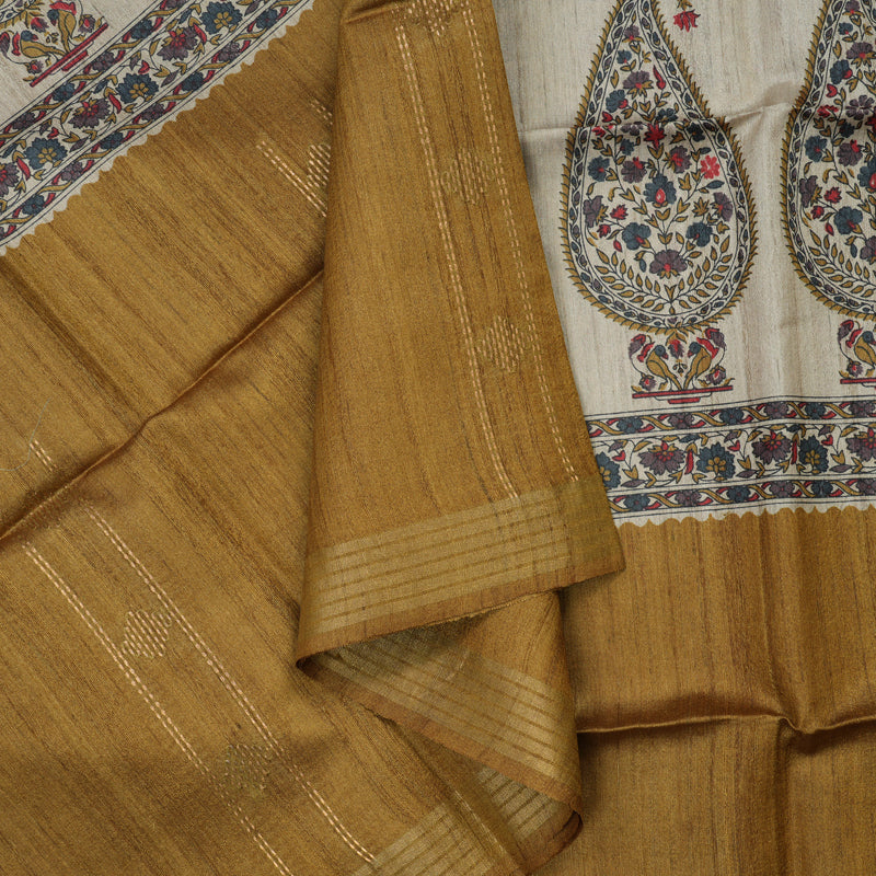 Hayagrivas Beige Pure Tussar Saree with Khaki Brown Border KBE1383J4-13