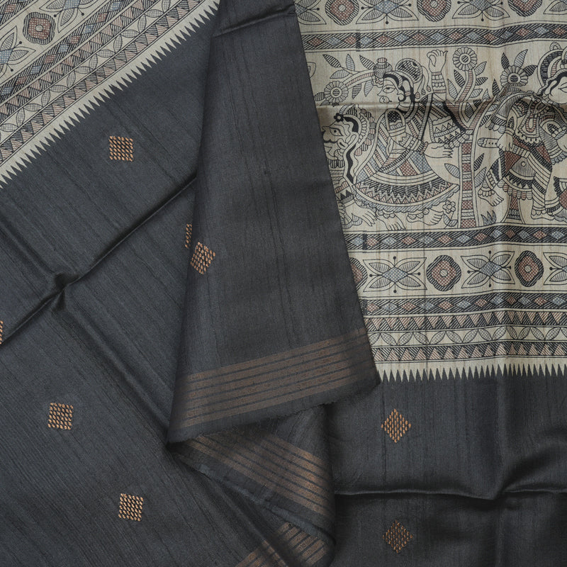 Hayagrivas Black & Beige Pure Tussar Saree with Black Border KBE1383J4-7