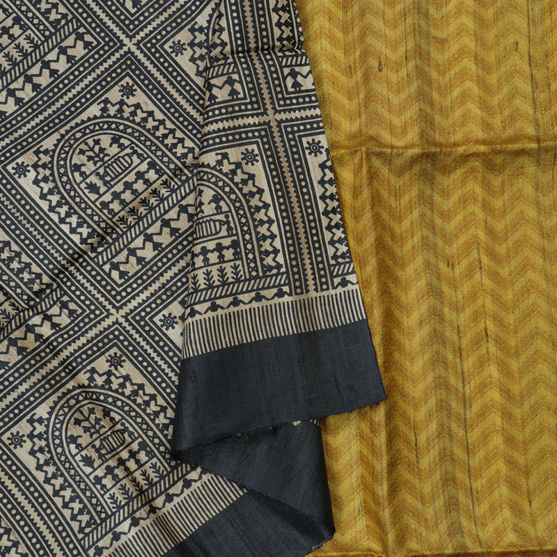 Hayagrivas Beige & Black Pure Tussar Saree with Black Border KBE1383J5-6