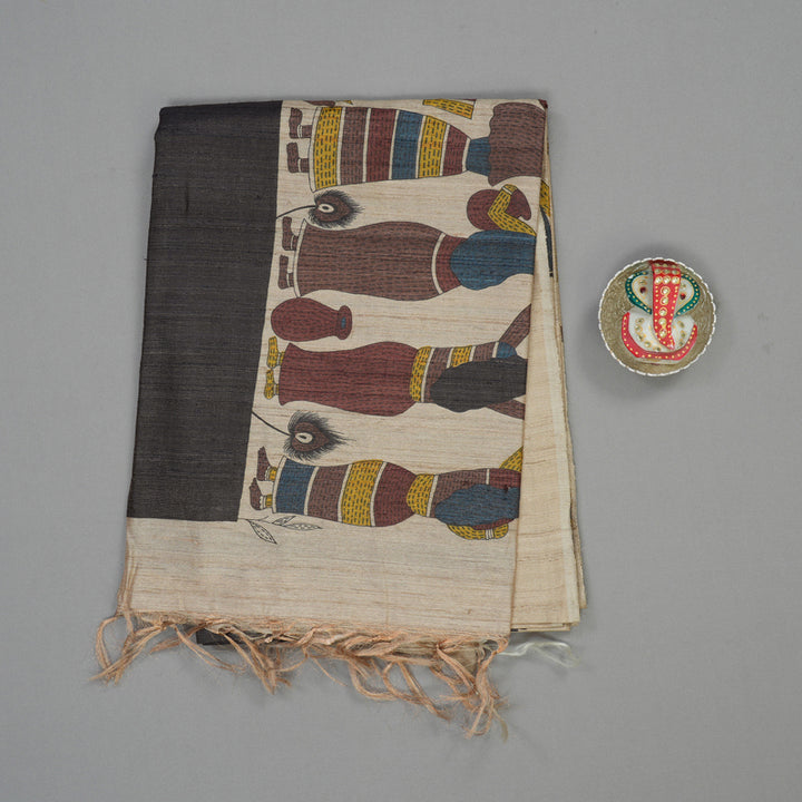 Hayagrivas Beige & Black Pure Tussar Saree KBE1383J6-18