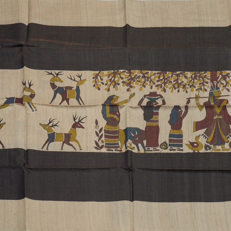 Hayagrivas Beige & Black Pure Tussar Saree KBE1383J6-18