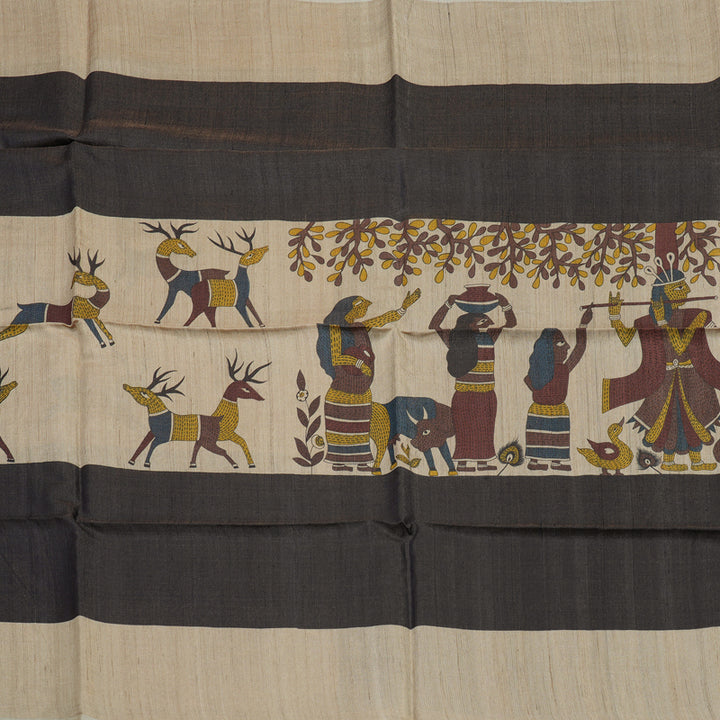 Hayagrivas Beige & Black Pure Tussar Saree KBE1383J6-18