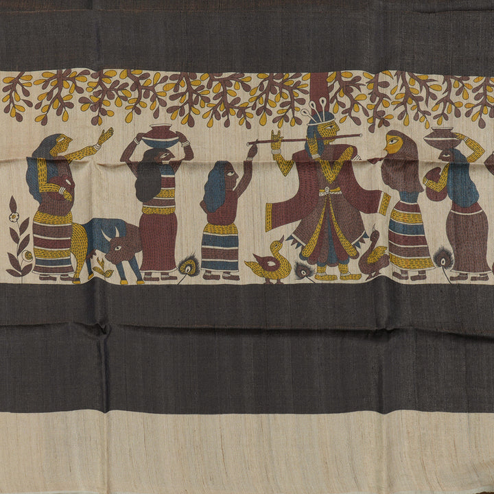 Hayagrivas Beige & Black Pure Tussar Saree KBE1383J6-18