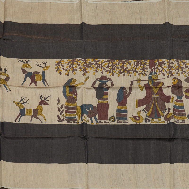 Hayagrivas Beige & Black Pure Tussar Saree KBE1383J6-18