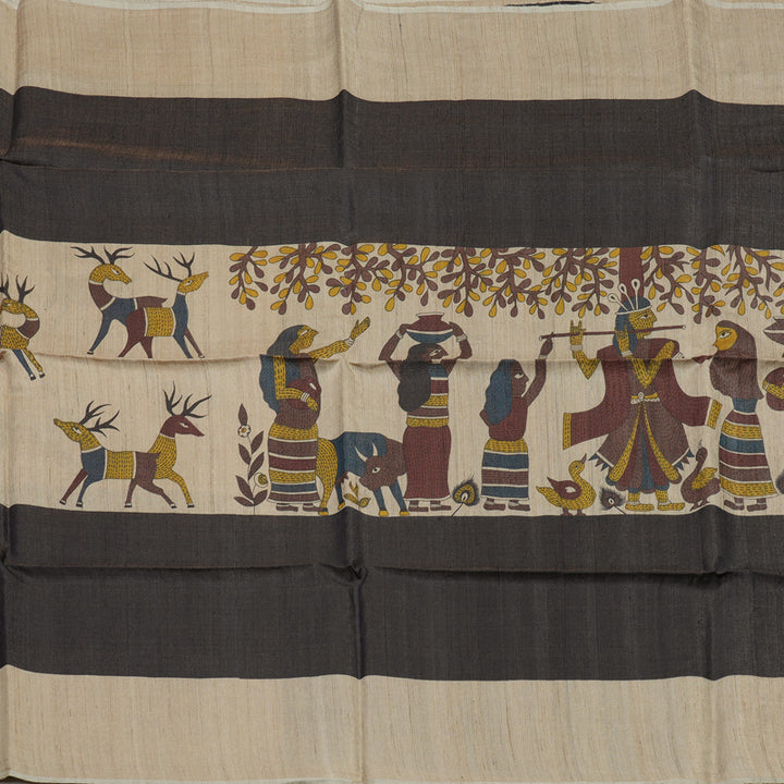 Hayagrivas Beige & Black Pure Tussar Saree KBE1383J6-18
