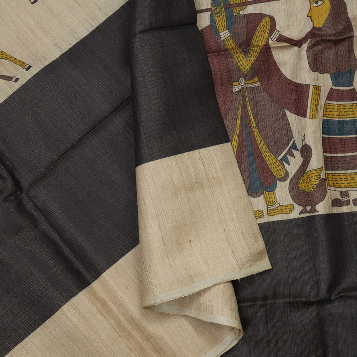 Hayagrivas Beige & Black Pure Tussar Saree KBE1383J6-18