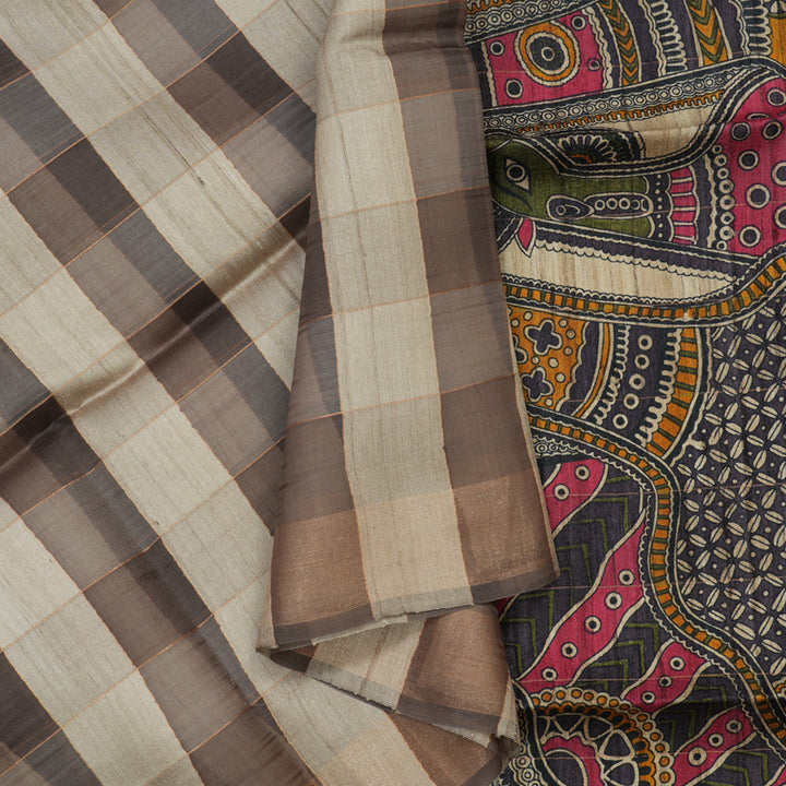 Hayagrivas Multicolour Checks with Borderless Pure Tussar Saree KBE1383J6-33