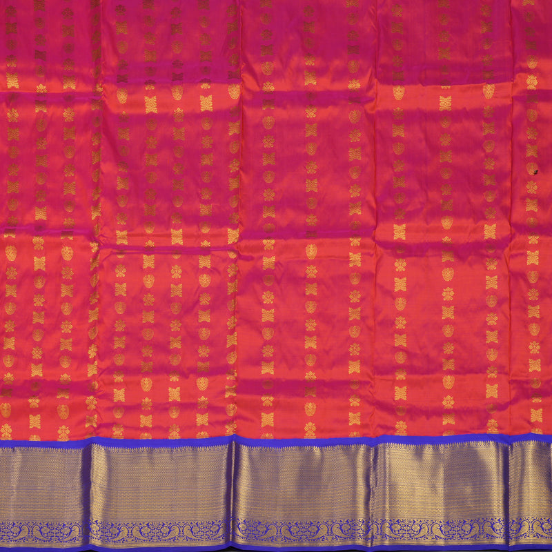 Hayagrivas Handloom Orangish Pink Kanjivaram Silk Pattu Pavadai with Purplish Blue Border KBE1389J21-1
