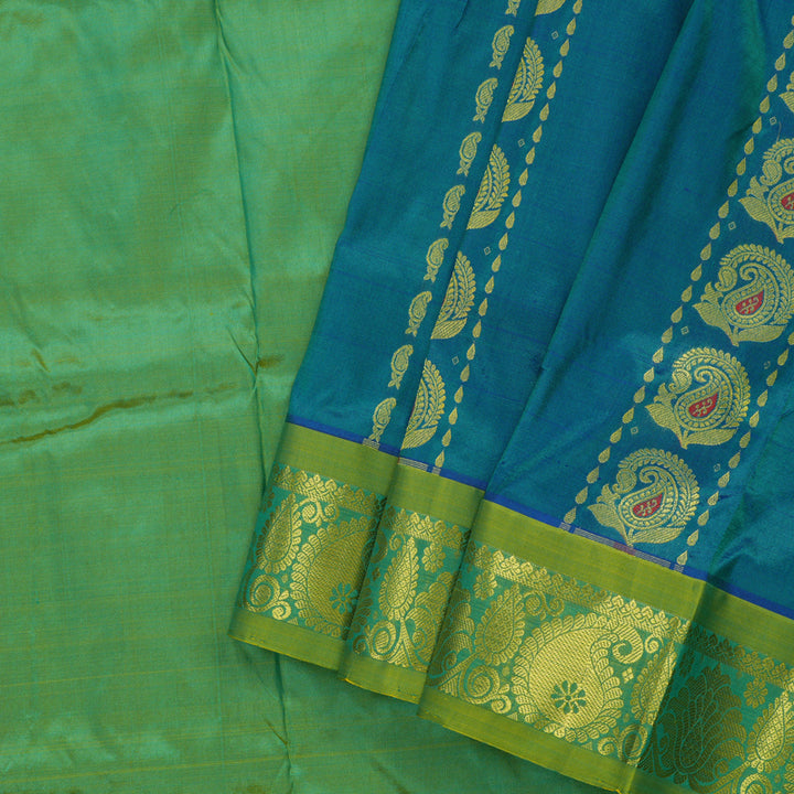 Hayagrivas Peacock Blue Kanjivaram Pattu Pavadai with Sage Green border KBE1389J5-1