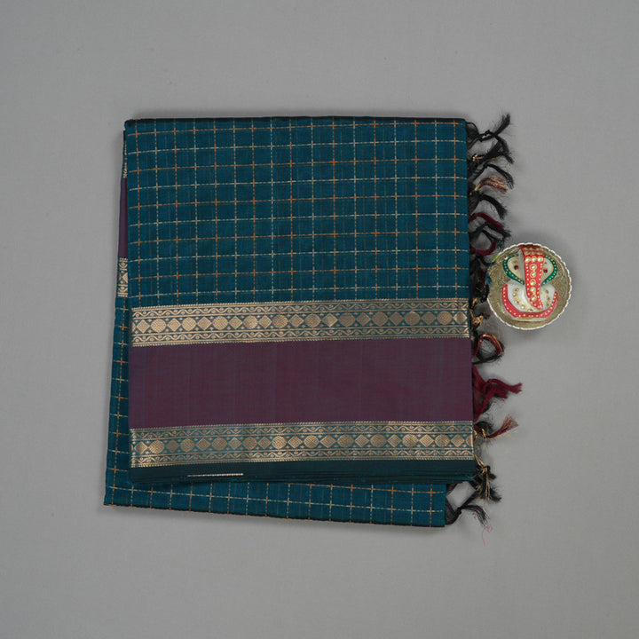 Hayagrivas Deep Peacock Blue Pure Kanchi Silk Cotton Saree with Wine Border KBE1390J4-2