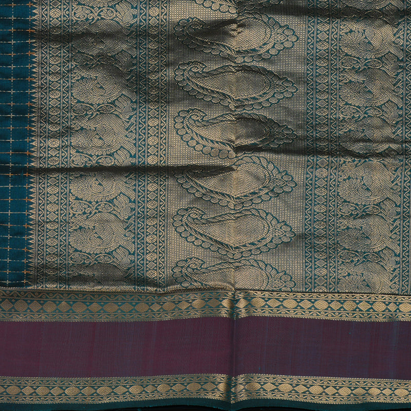 Hayagrivas Deep Peacock Blue Pure Kanchi Silk Cotton Saree with Wine Border KBE1390J4-2
