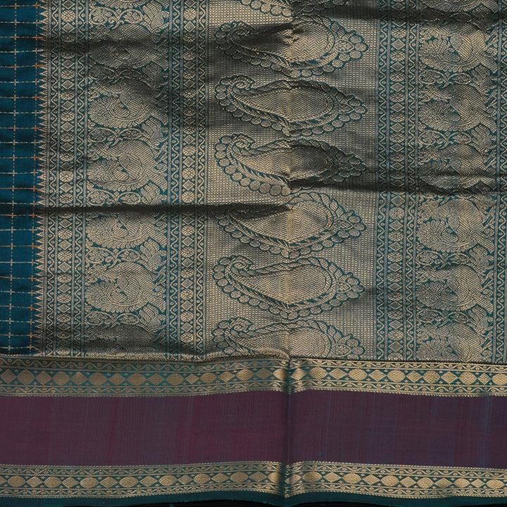 Hayagrivas Deep Peacock Blue Pure Kanchi Silk Cotton Saree with Wine Border KBE1390J4-2