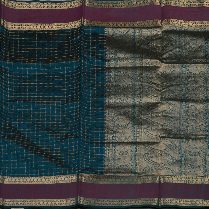 Hayagrivas Deep Peacock Blue Pure Kanchi Silk Cotton Saree with Wine Border KBE1390J4-2